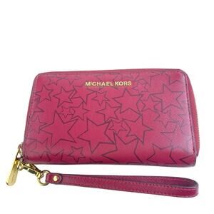 Michael Kors Jet Set Pink Stars Zip Leather Card Holder Clutch Purse Wallet OS